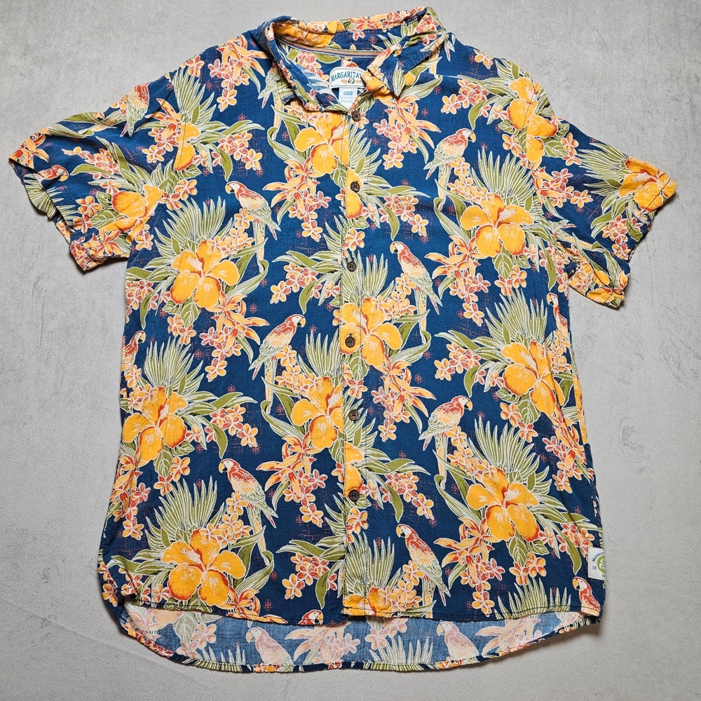 Margaritaville Mens XXL Tropical Parrot Floral Rayon Button Down Shirt Navy Blue